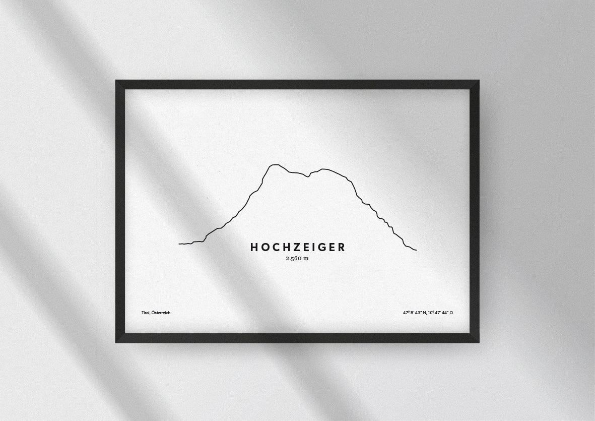 Minimalistische Illustration des Hochzeiger, in den Ötztaler Alpen in Tirol, als stilvoller Einrichtungsgegenstand für Zuhause.