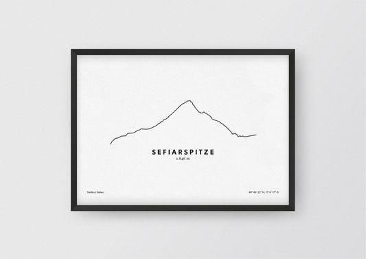 Minimalistische Illustration der Sefiarspitze in Südtirol, als stilvoller Einrichtungsgegenstand für Zuhause.