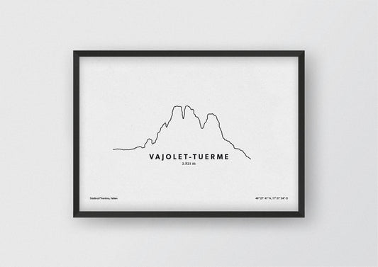 Minimalistische Illustration der Vajolet-Türme, im Zentrum der Rosengartengruppe in den Südtiroler und Trentiner Dolomiten, als stilvoller Einrichtungsgegenstand für Zuhause.