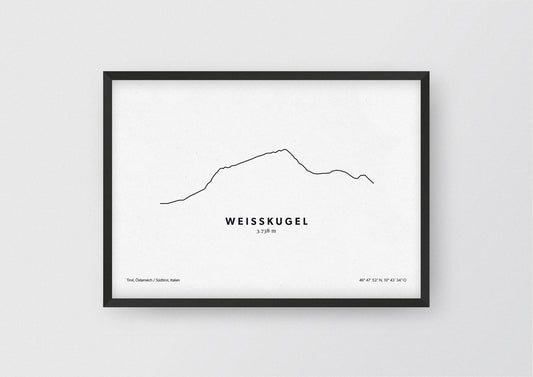 Unsere minimalistische Illustration der Weißkugel, nach der Wildspitze der zweithöchste Berg der Ötztaler Alpen, ist die perfekte Erinnerung an deinen Bergmoment und ein stilvoller Einrichtungsgegenstand für dein Zuhause.