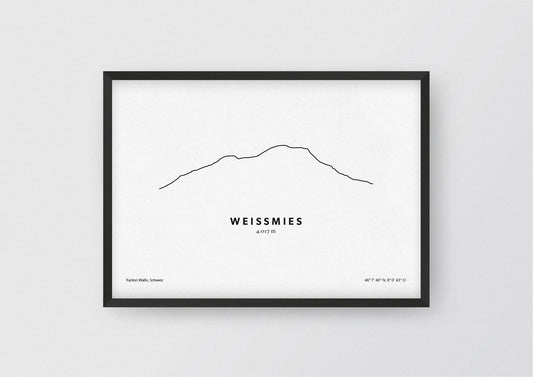 Minimalistische Illustration des Weissmies in den Walliser Alpen, als stilvoller Einrichtungsgegenstand für Zuhause.