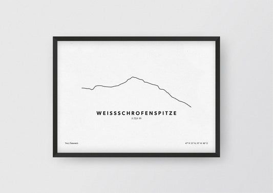 Minimalistische Illustration der Weissschrofenspitze in Tirol, als stilvoller Einrichtungsgegenstand für Zuhause.